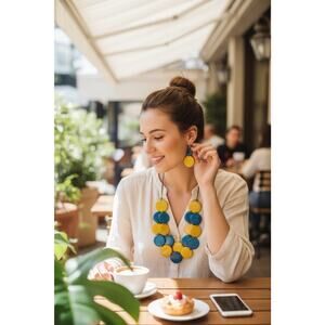 Handmade tagua Nut Set Necklace Earrings Turquoise/yew Bold Mid Century Circles